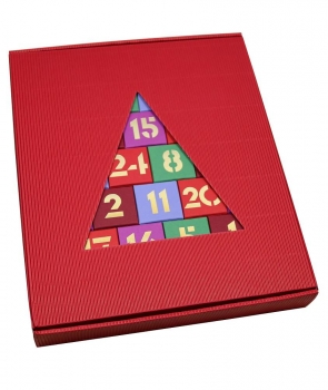 Adventskalender lila/rot/blau/grün/orange, Karton mit goldenen Zahlen für 24 Trüffel/Pralinen von ca. 3,5cm, Tannenform